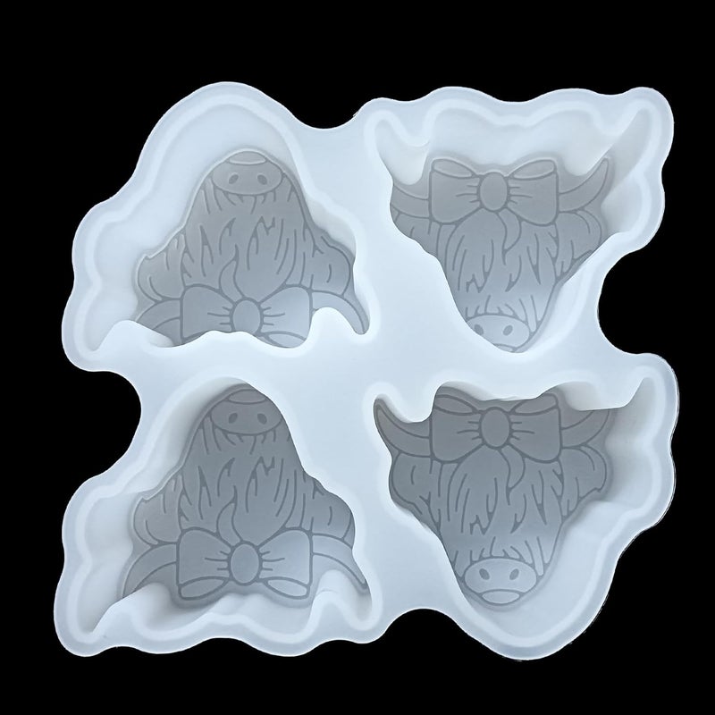Fuehbur 【300+ Design Optional】 4 Cavity Highland Cow Shape Freshie Mold, Silicone Epoxy Resin Molds for Car Freshies, Aroma Beads, Soap Candle Pendant Mold-Oven Safe - Image 1